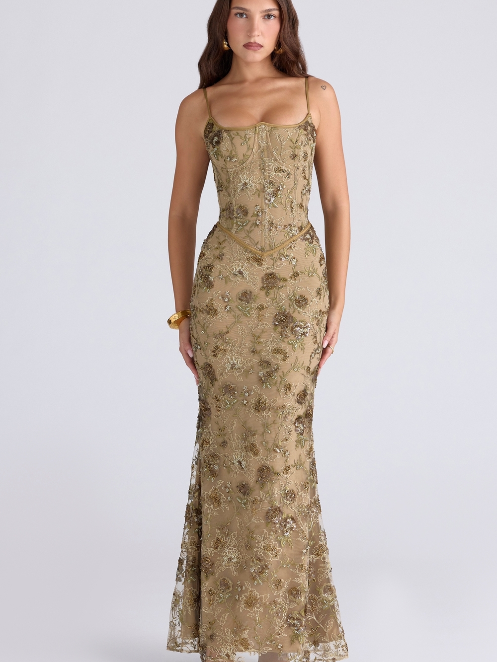 Naima olive House Of Cb beaded embellished corset maxi dress Size- L+ Cup D-E